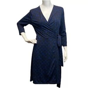 Ann Taylor Womans Sz 12 Wrap Dress 3/4 Sleeve V Neck Blue Black Stretch